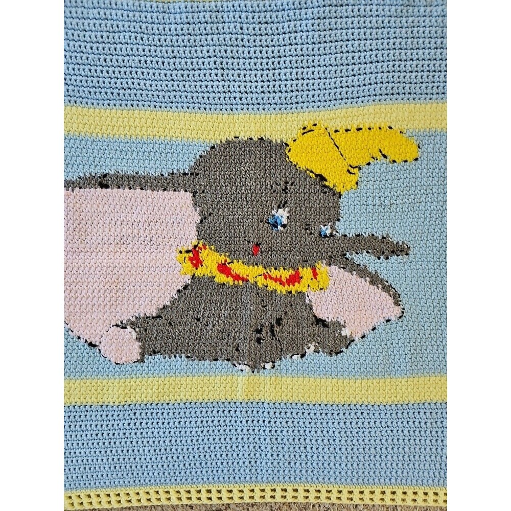 Dumbo Baby Blanket Handknit Crochet Blue Yellow Soft Knit Elephant Nursery Decor - Picture 11 of 13